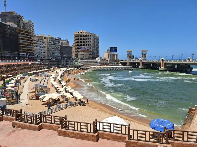 Sandstrand med parasoller och stadshus i bakgrunden i Alexandria