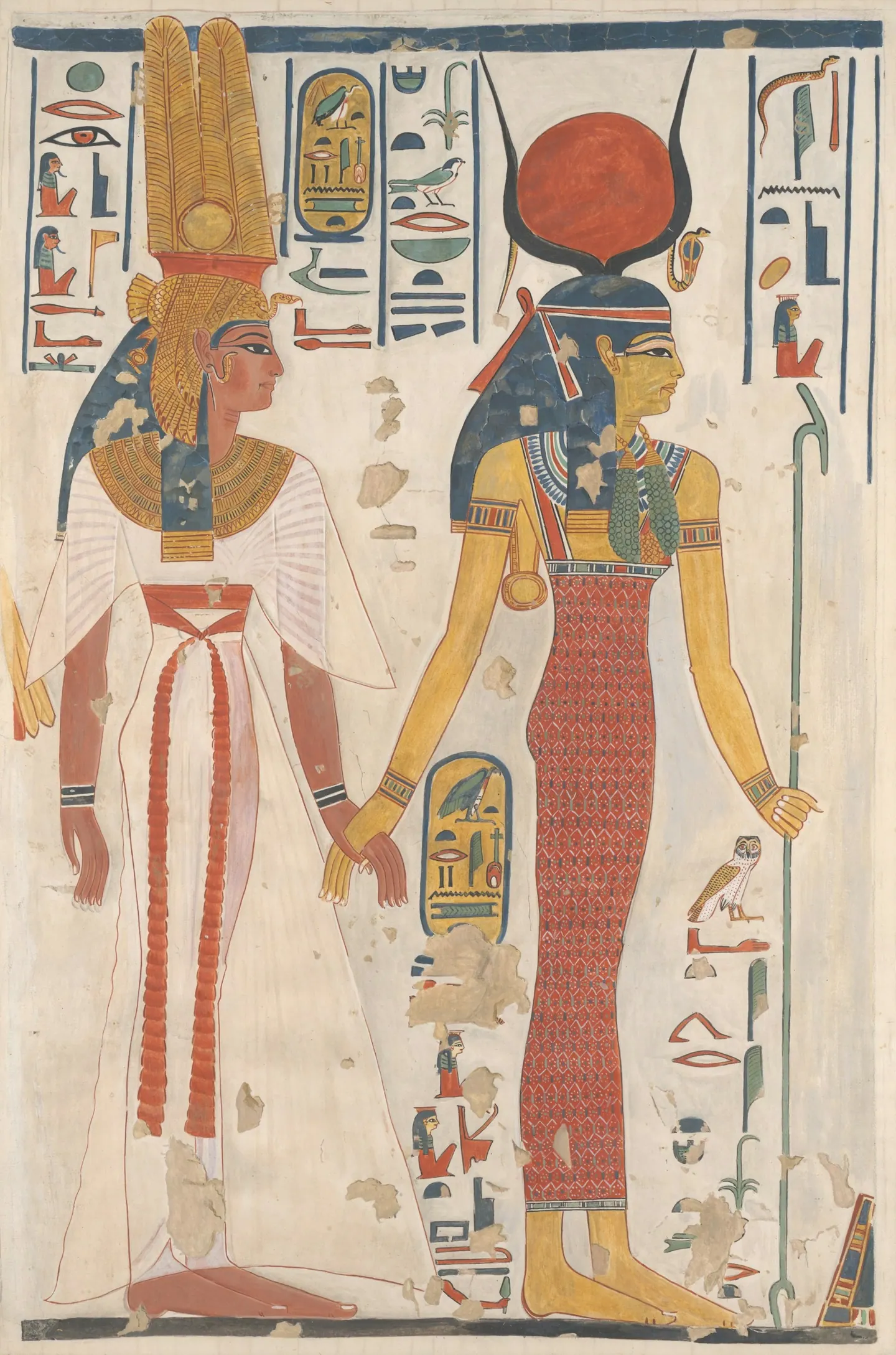 Museibild: Charles K. Wilkinsons målade faksimil av Nefertari och Isis från grav QV66 i Drottningarnas dal.